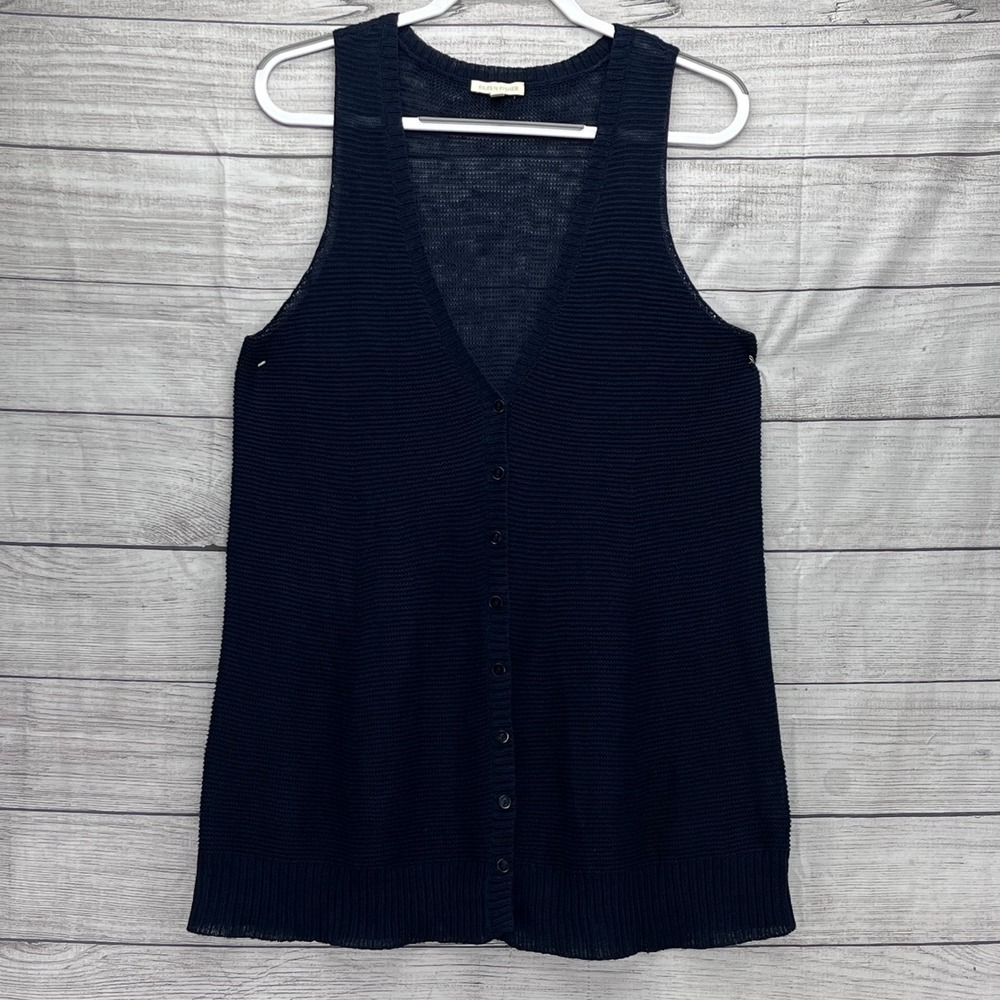 Eileen Fisher Navy 100% Linen Long Button Front Knit Vest Sleeveless Cardigan S